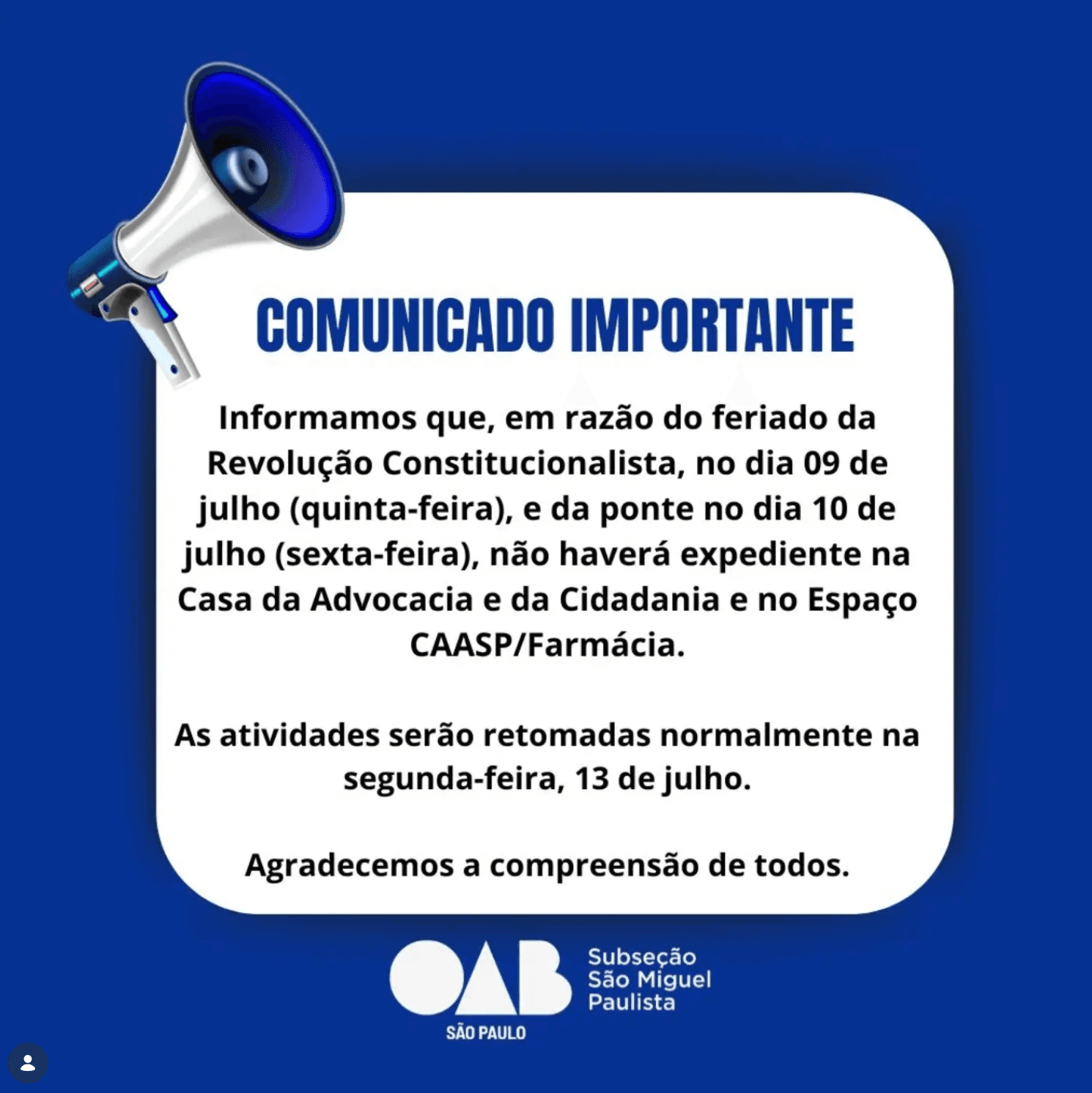 Comunicado: Feriado da Revolução Constitucionalista de 1932