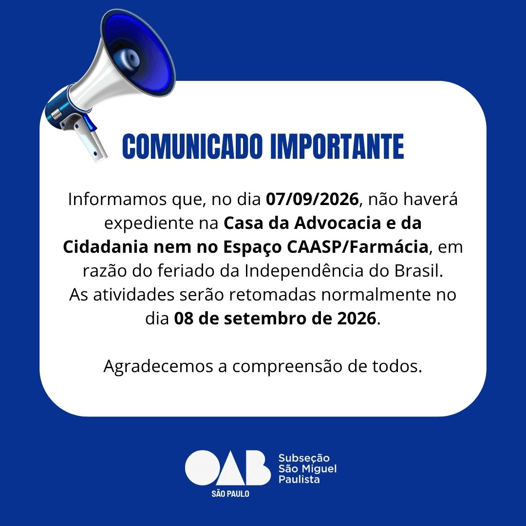 Comunicado: Feriado Independência do Brasil